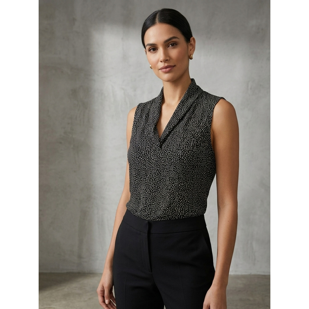 Anne Klein Polka Dot Sleeveless Top Cowl Neck Business Casual Black White Size M